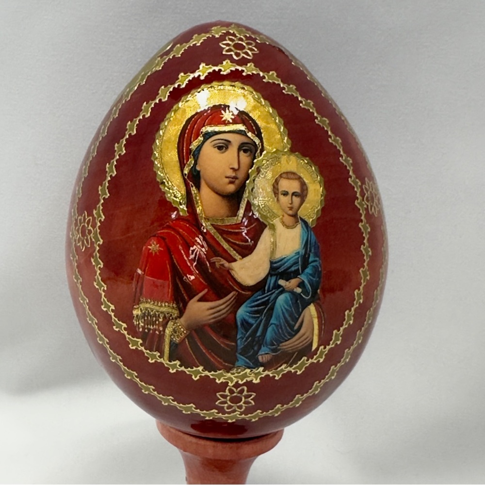 Russian Orthodox Religious Icon Red Gold Tone Decorative Egg Madonna and Child - Picture 2 of 16